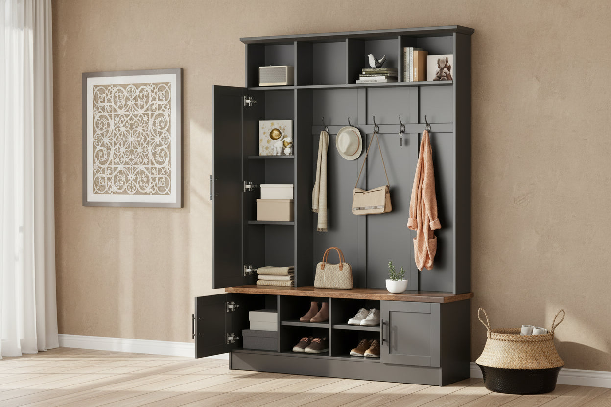 55W 3-in-1 Hall Tree with 6 Hooks, Coat Rack and Walnut Entryway Storage Bench with Adjustable Shelves - ModernLuxe