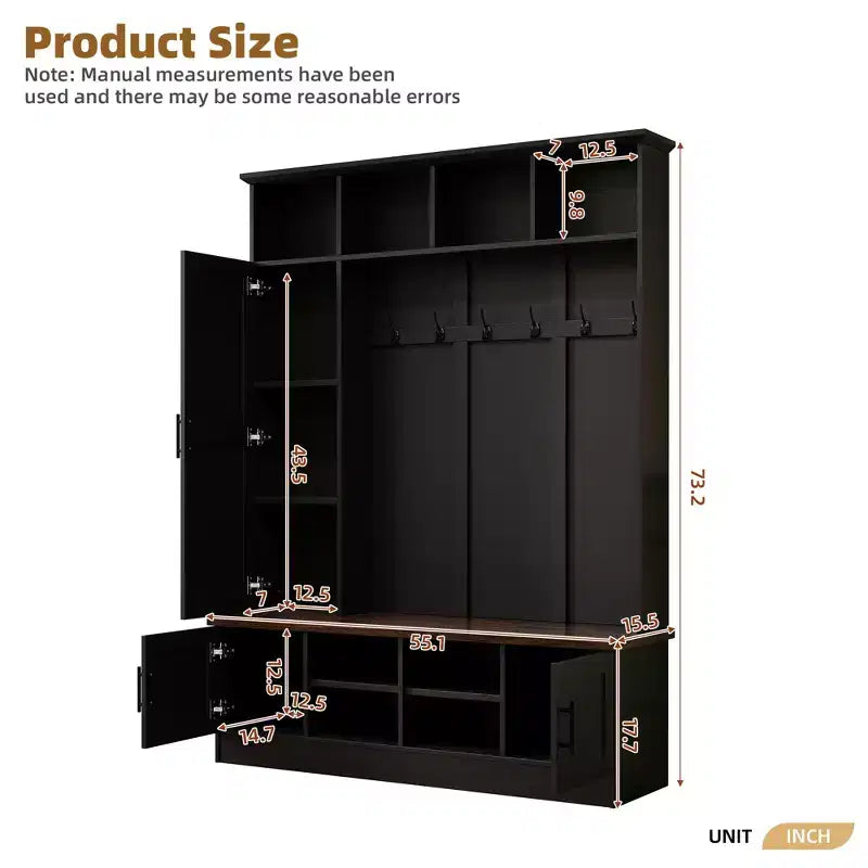55-Inch 3-in-1 Hall Tree with 6 Hooks, Coat Rack and Walnut Entryway Storage Bench with Adjustable Shelves