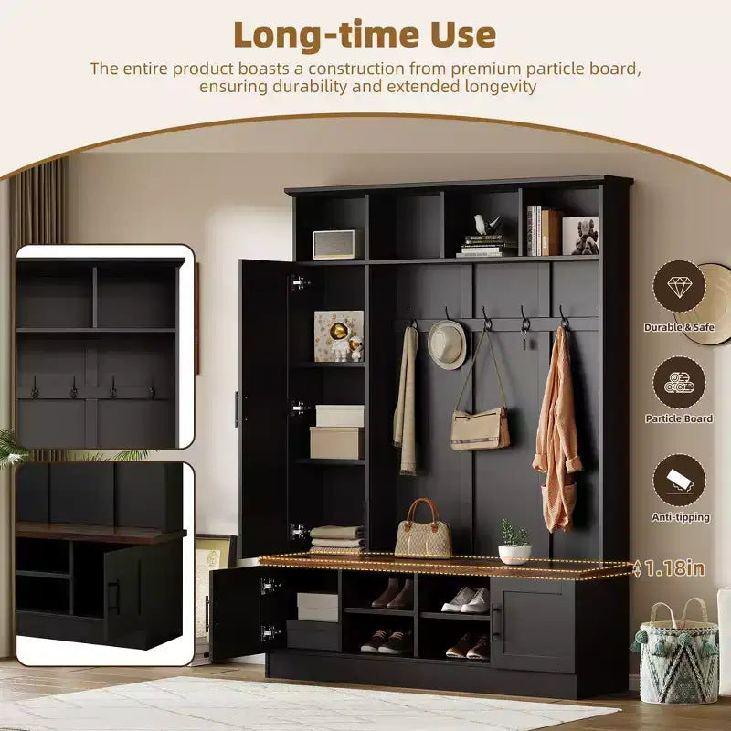 55-Inch 3-in-1 Hall Tree with 6 Hooks, Coat Rack and Walnut Entryway Storage Bench with Adjustable Shelves