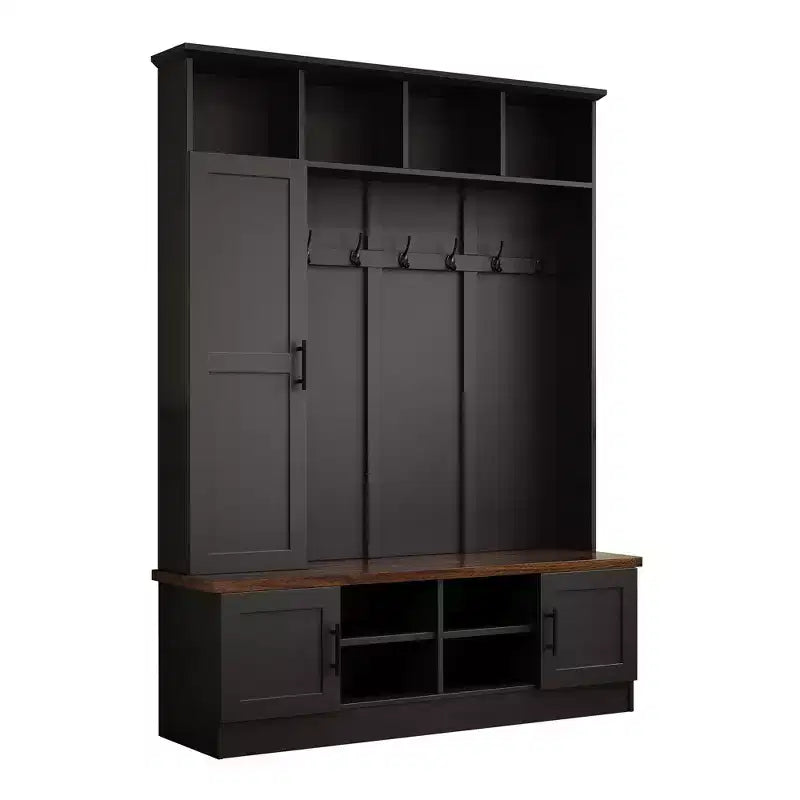 55-Inch 3-in-1 Hall Tree with 6 Hooks, Coat Rack and Walnut Entryway Storage Bench with Adjustable Shelves