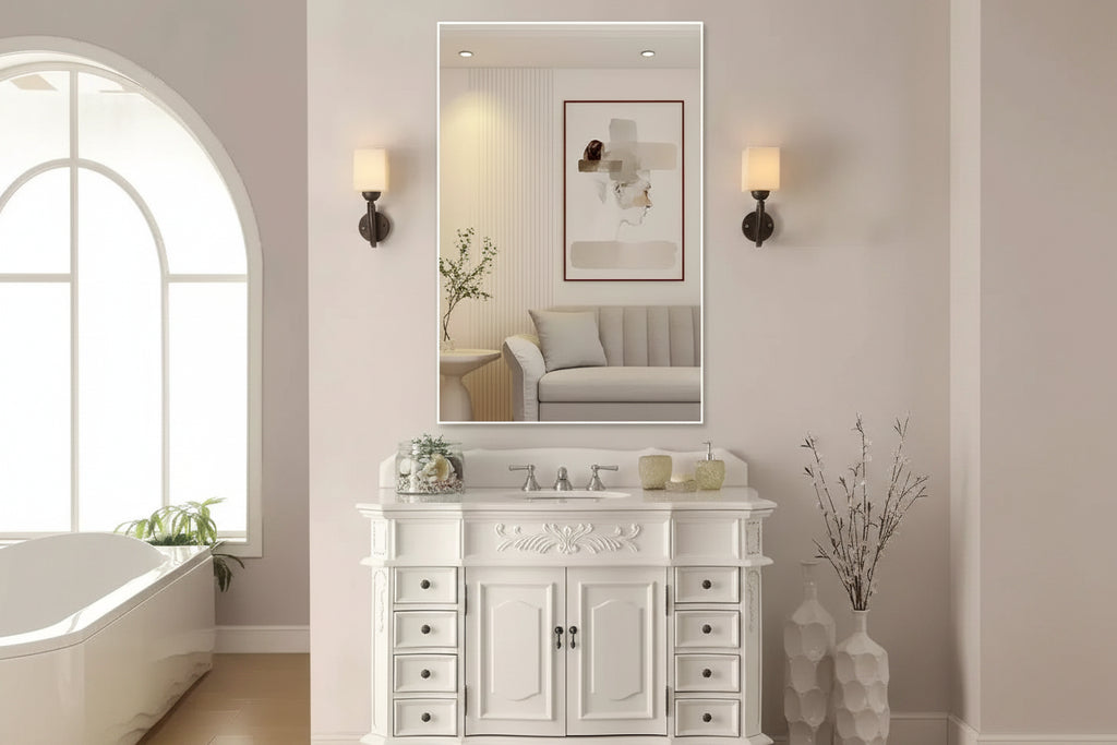 Modern White Frame Bathroom Mirror: Oversized, Aluminum, Wall Mounted, Vertical/Horizontal