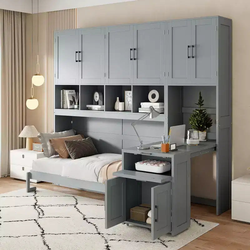 Twin Size Murphy Bed Wall Bed with Closet, Drawers & Desk, Space-Saving Bedroom Solution