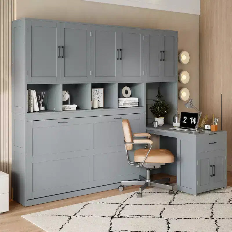 Twin Size Murphy Bed Wall Bed with Closet, Drawers & Desk, Space-Saving Bedroom Solution