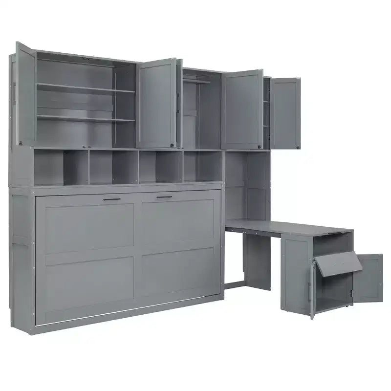Letto a scomparsa matrimoniale con armadio, cassetti e scrivania, soluzione salvaspazio per la camera da letto