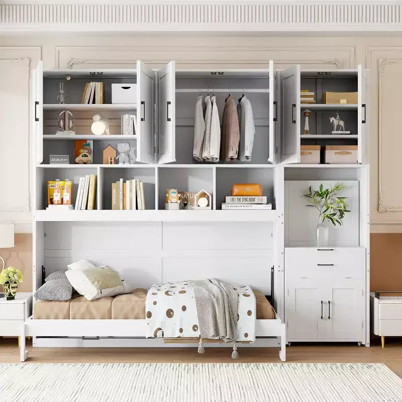 Twin Size Murphy Bed Wall Bed with Closet, Drawers & Desk, Space-Saving Bedroom Solution