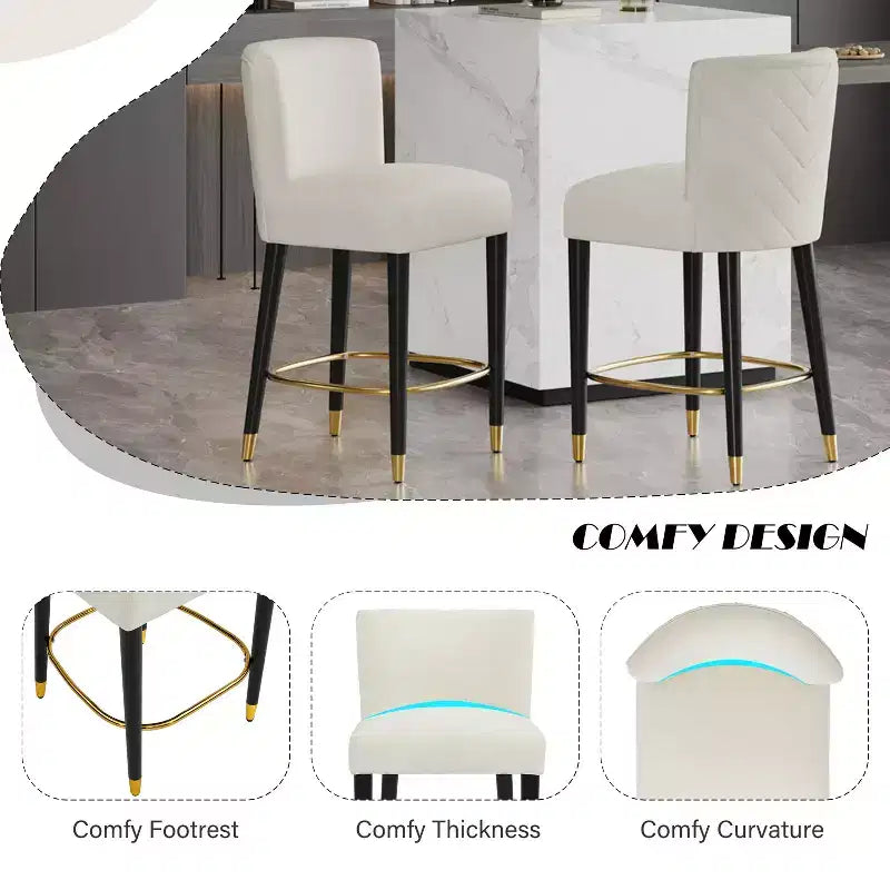 Set di 2 Sgabelli da Bancone Imbottiti con Schienale Trapuntato, Sedie da Bar Senza Braccioli con Poggiapiedi, Beige/Grigio
