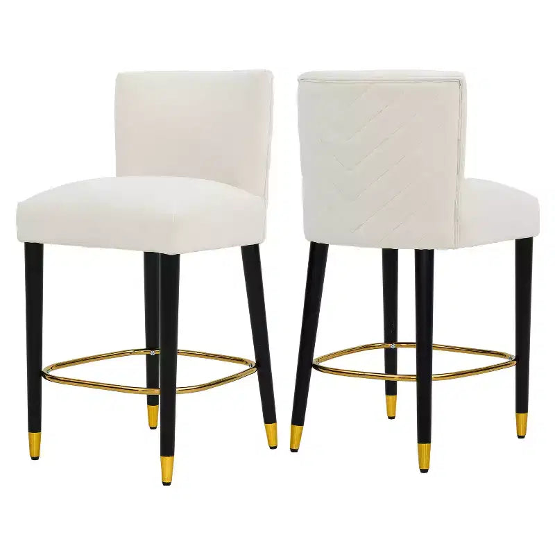 Set di 2 Sgabelli da Bancone Imbottiti con Schienale Trapuntato, Sedie da Bar Senza Braccioli con Poggiapiedi, Beige/Grigio