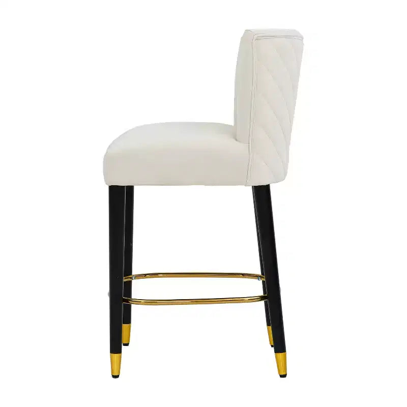 Set di 2 Sgabelli da Bancone Imbottiti con Schienale Trapuntato, Sedie da Bar Senza Braccioli con Poggiapiedi, Beige/Grigio