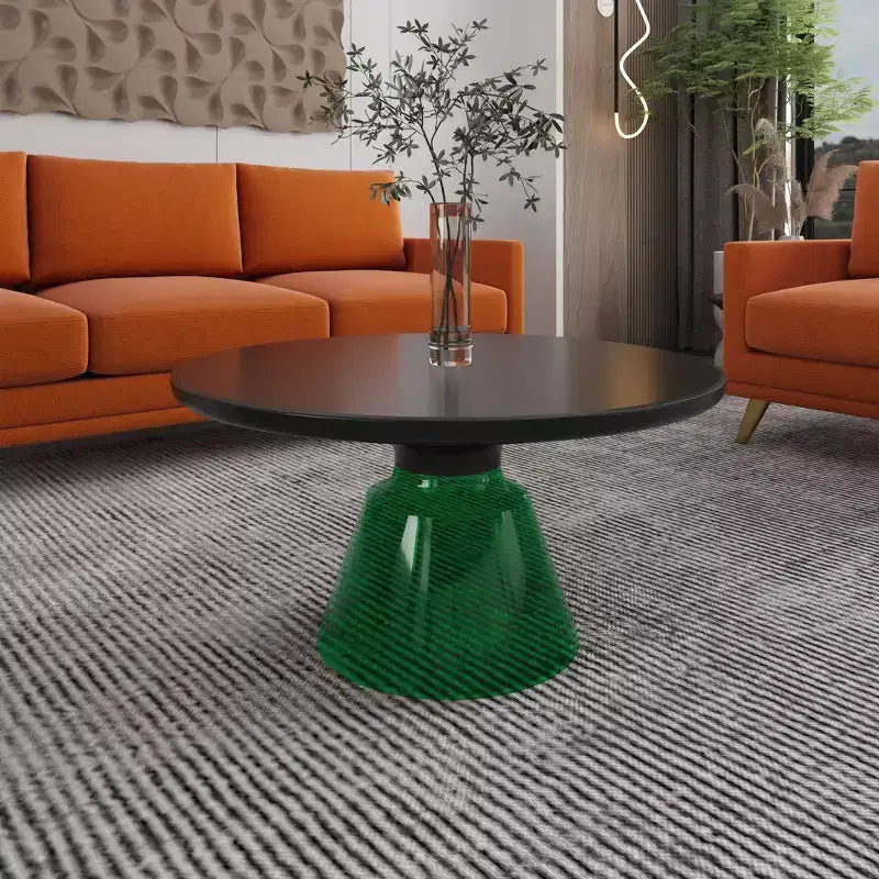 Modern Round Glass Coffee Table with Black Rim and Sturdy Metal Frame for Living Room and Lounge