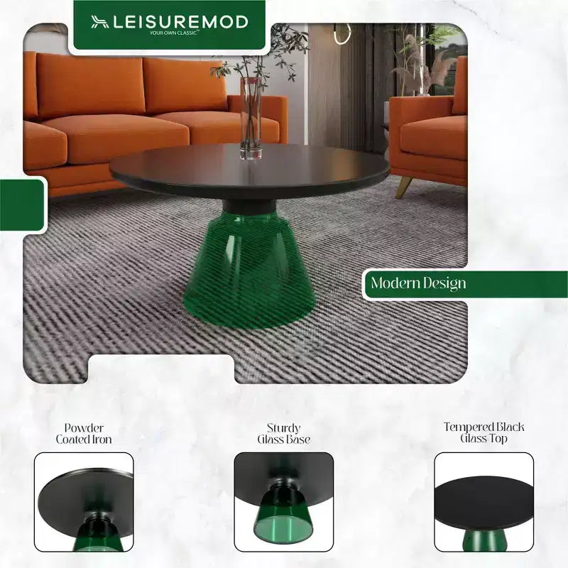 Tavolino Moderno Rotondo in Vetro con Bordo Nero e Robusta Struttura in Metallo per Soggiorno e Salotto
