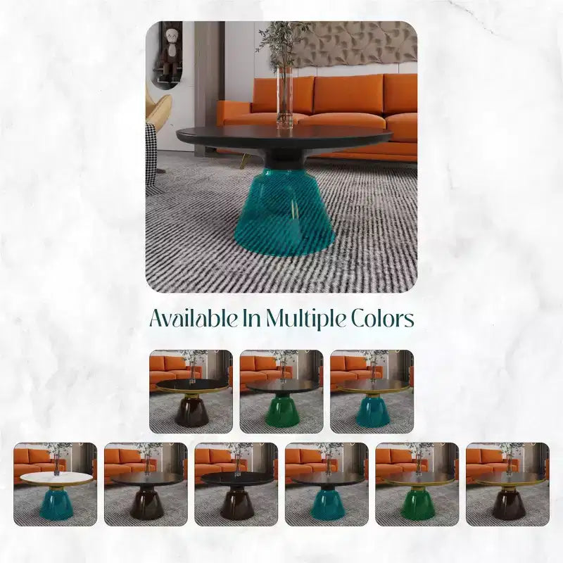 Modern Round Glass Coffee Table with Black Rim and Sturdy Metal Frame for Living Room and Lounge