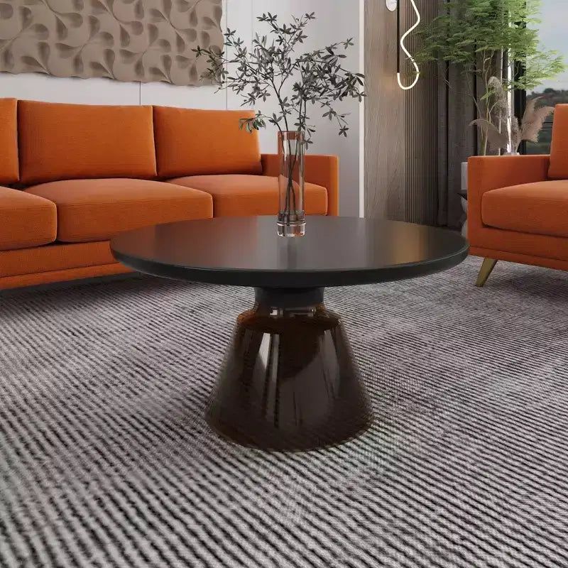 Modern Round Glass Coffee Table with Black Rim and Sturdy Metal Frame for Living Room and Lounge