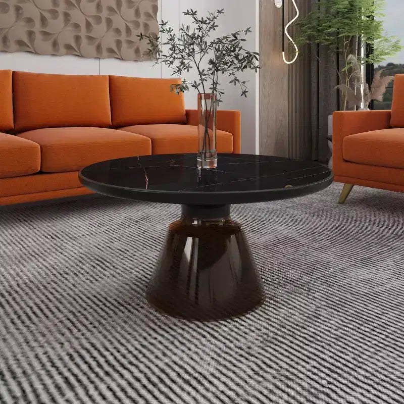 Tavolino Moderno Rotondo in Vetro con Bordo Nero e Robusta Struttura in Metallo per Soggiorno e Salotto