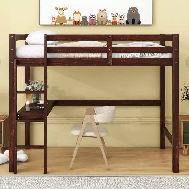 Whisen 78.60''L  41.40''W Twin Size Rubber Wood Loft Bed with Ladder, Safety Guardrail and built-in desk