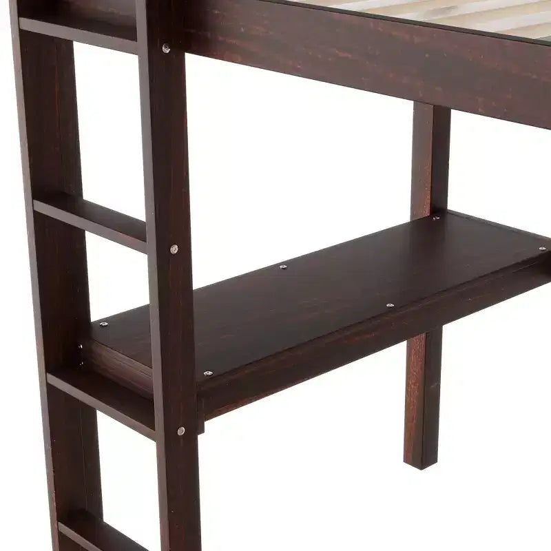 Letto a soppalco in legno di gomma matrimoniale con scrivania integrata, scaletta e ringhiera di sicurezza, 78.6 x 41.4 pollici