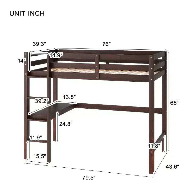 Letto a soppalco in legno di gomma matrimoniale con scrivania integrata, scaletta e ringhiera di sicurezza, 78.6 x 41.4 pollici