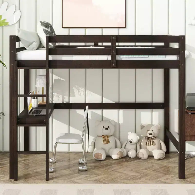 Letto a soppalco in legno di gomma matrimoniale con scrivania integrata, scaletta e ringhiera di sicurezza, 78.6 x 41.4 pollici