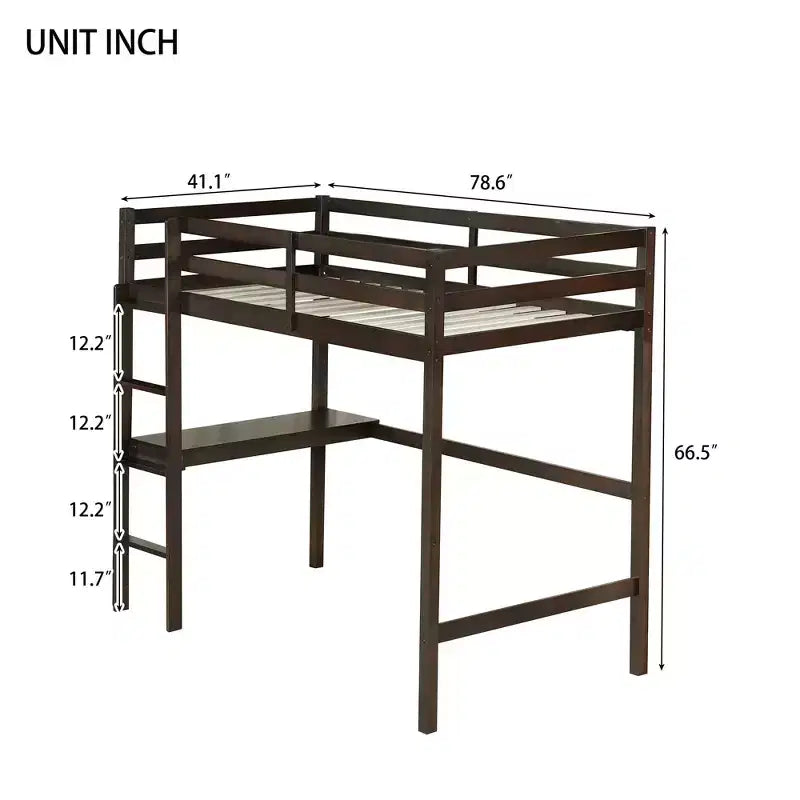 Letto a soppalco in legno di gomma matrimoniale con scrivania integrata, scaletta e ringhiera di sicurezza, 78.6 x 41.4 pollici