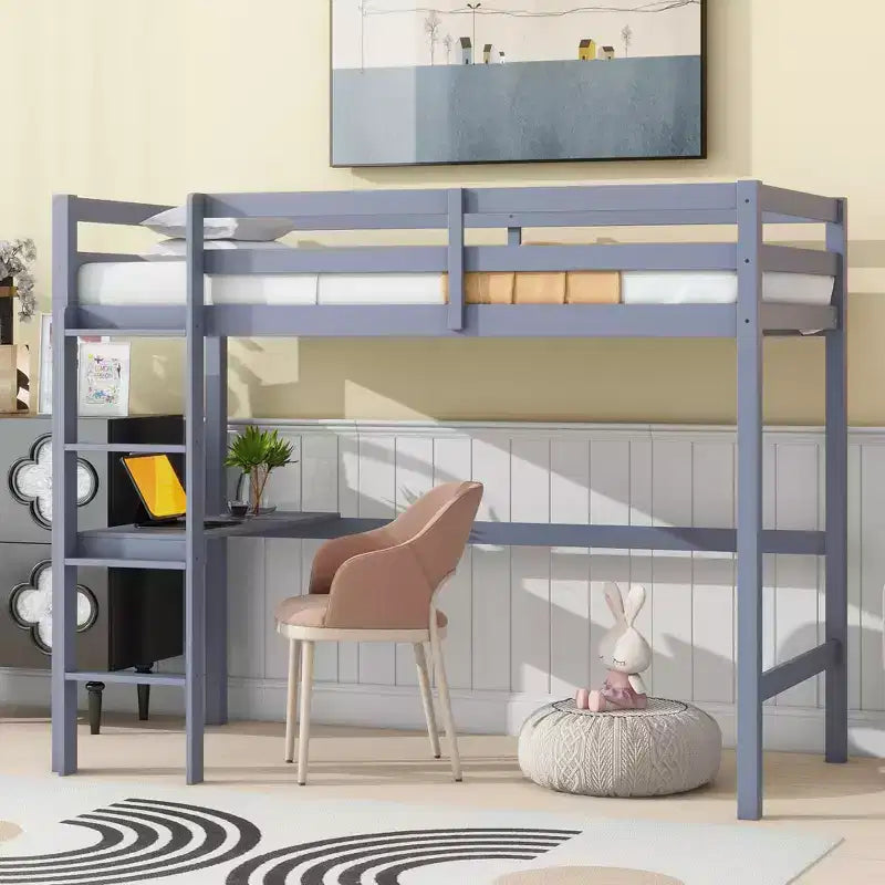 Letto a soppalco in legno di gomma matrimoniale con scrivania integrata, scaletta e ringhiera di sicurezza, 78.6 x 41.4 pollici