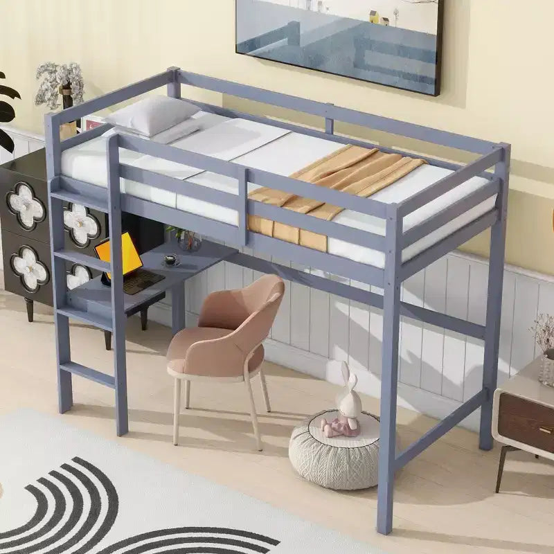 Letto a soppalco in legno di gomma matrimoniale con scrivania integrata, scaletta e ringhiera di sicurezza, 78.6 x 41.4 pollici