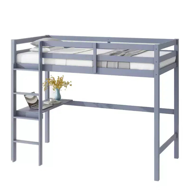 Letto a soppalco in legno di gomma matrimoniale con scrivania integrata, scaletta e ringhiera di sicurezza, 78.6 x 41.4 pollici