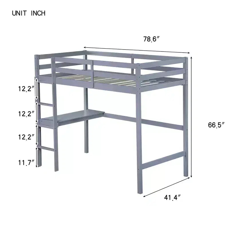 Letto a soppalco in legno di gomma matrimoniale con scrivania integrata, scaletta e ringhiera di sicurezza, 78.6 x 41.4 pollici