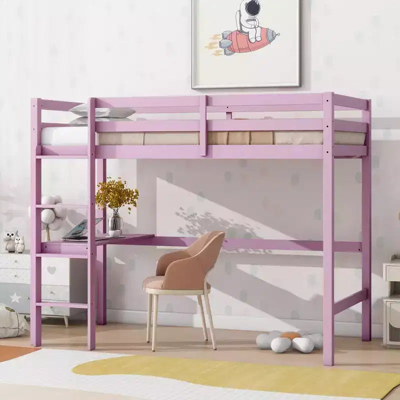 Letto a soppalco in legno di gomma matrimoniale con scrivania integrata, scaletta e ringhiera di sicurezza, 78.6 x 41.4 pollici