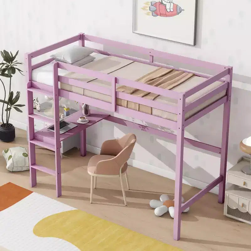 Letto a soppalco in legno di gomma matrimoniale con scrivania integrata, scaletta e ringhiera di sicurezza, 78.6 x 41.4 pollici