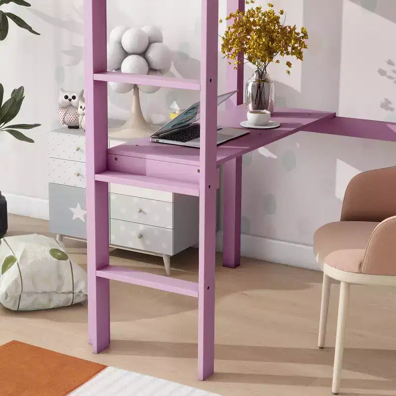 Letto a soppalco in legno di gomma matrimoniale con scrivania integrata, scaletta e ringhiera di sicurezza, 78.6 x 41.4 pollici