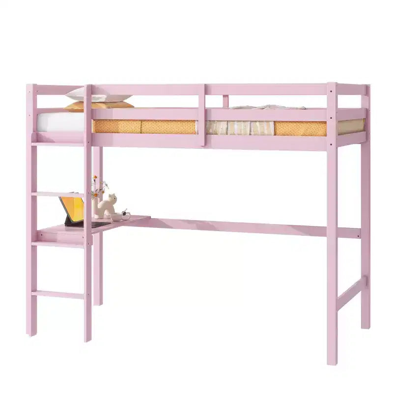 Letto a soppalco in legno di gomma matrimoniale con scrivania integrata, scaletta e ringhiera di sicurezza, 78.6 x 41.4 pollici