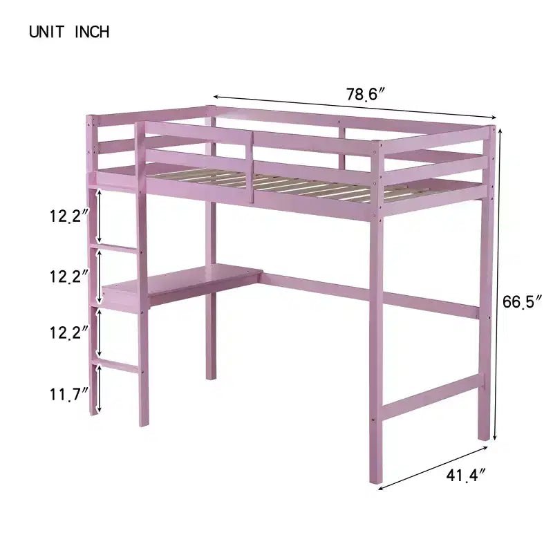 Letto a soppalco in legno di gomma matrimoniale con scrivania integrata, scaletta e ringhiera di sicurezza, 78.6 x 41.4 pollici