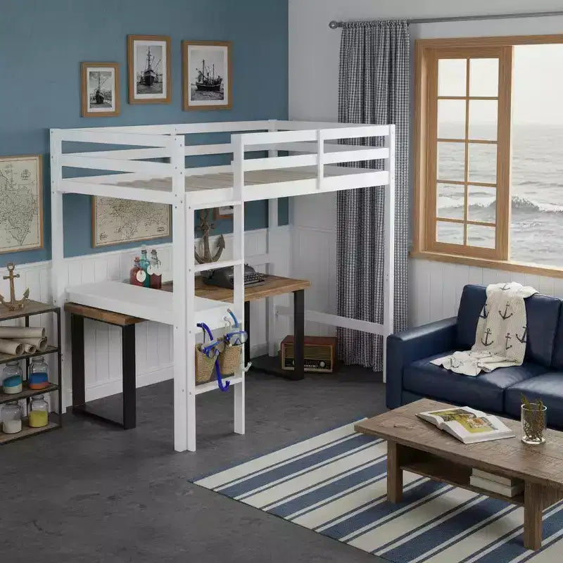 Letto a soppalco in legno di gomma matrimoniale con scrivania integrata, scaletta e ringhiera di sicurezza, 78.6 x 41.4 pollici