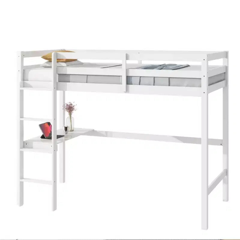 Letto a soppalco in legno di gomma matrimoniale con scrivania integrata, scaletta e ringhiera di sicurezza, 78.6 x 41.4 pollici