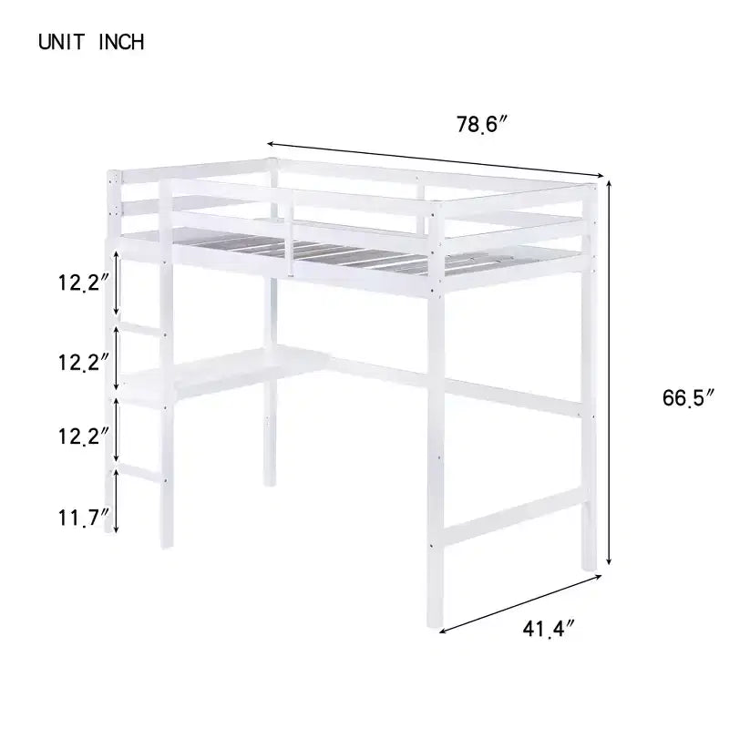 Letto a soppalco in legno di gomma matrimoniale con scrivania integrata, scaletta e ringhiera di sicurezza, 78.6 x 41.4 pollici