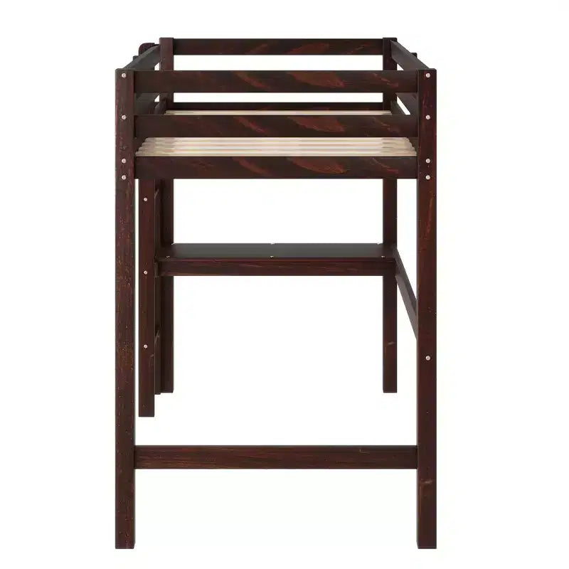 Letto a soppalco in legno di gomma matrimoniale con scrivania integrata, scaletta e ringhiera di sicurezza, 78.6 x 41.4 pollici