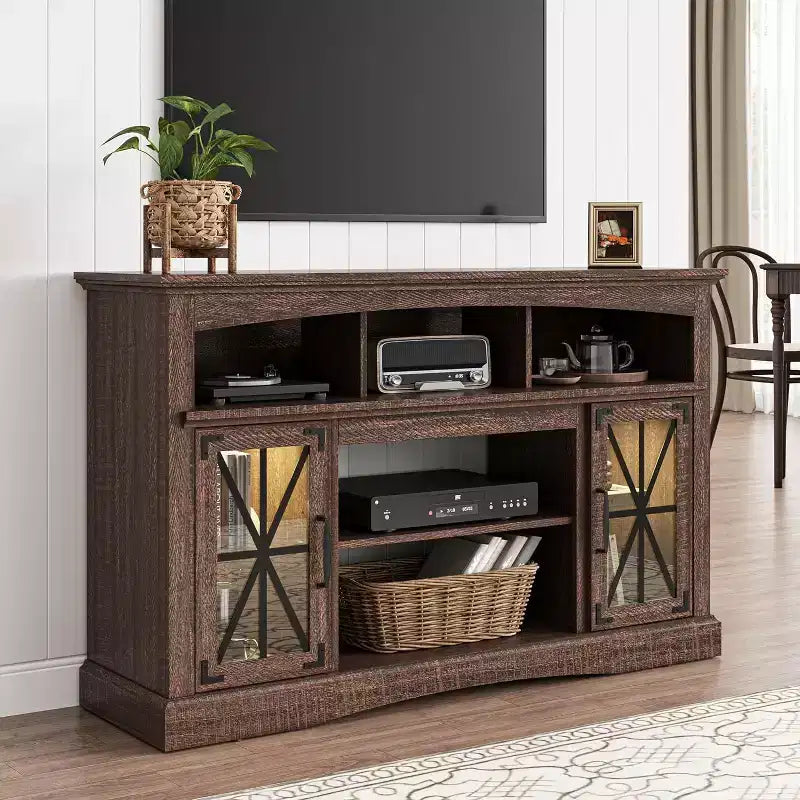 Heynemo 55'' TV Stand with Glass Doors & LED Lights, Entertainment Center with Adjustable Shelves for 23'' Fireplace, for Living Room