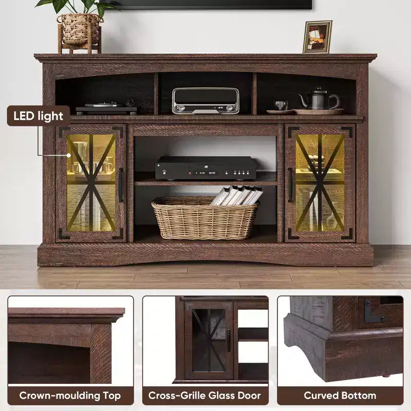 55-Inch TV Stand with Glass Doors and LED Lights, Entertainment Center with Adjustable Shelves for 23-Inch Fireplace