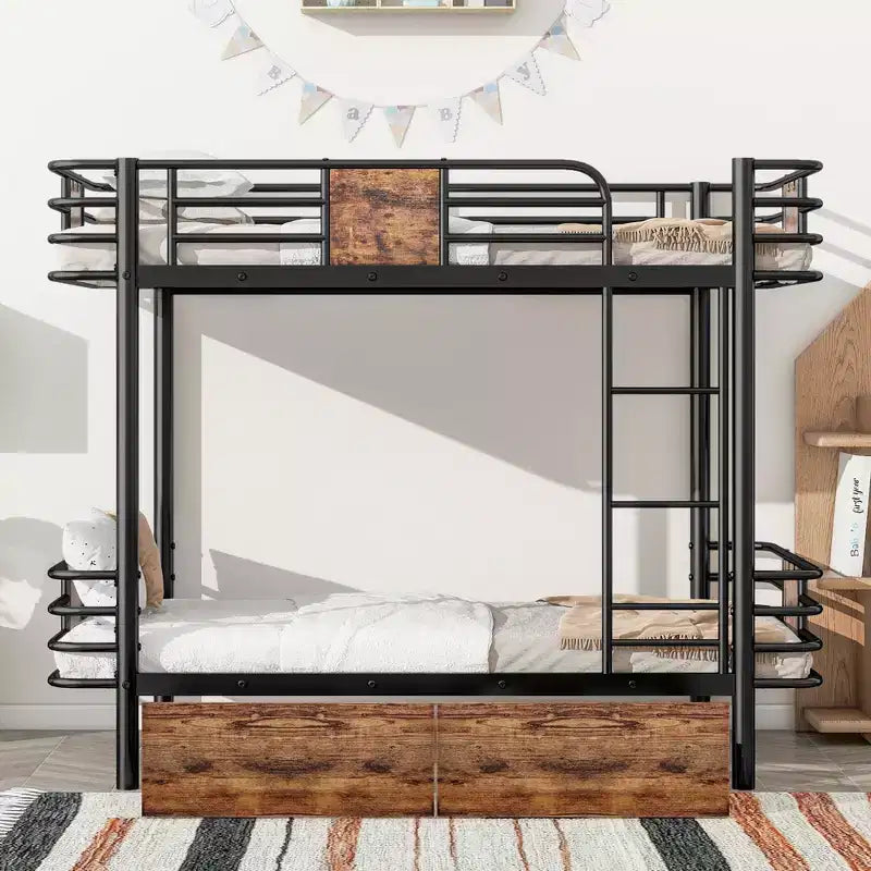 Letto a Castello in Metallo Twin XL su Twin XL con 2 Cassetti Contenitore, Scala e Sponde di Sicurezza, Nero/Argento