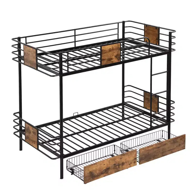Letto a Castello in Metallo Twin XL su Twin XL con 2 Cassetti Contenitore, Scala e Sponde di Sicurezza, Nero/Argento