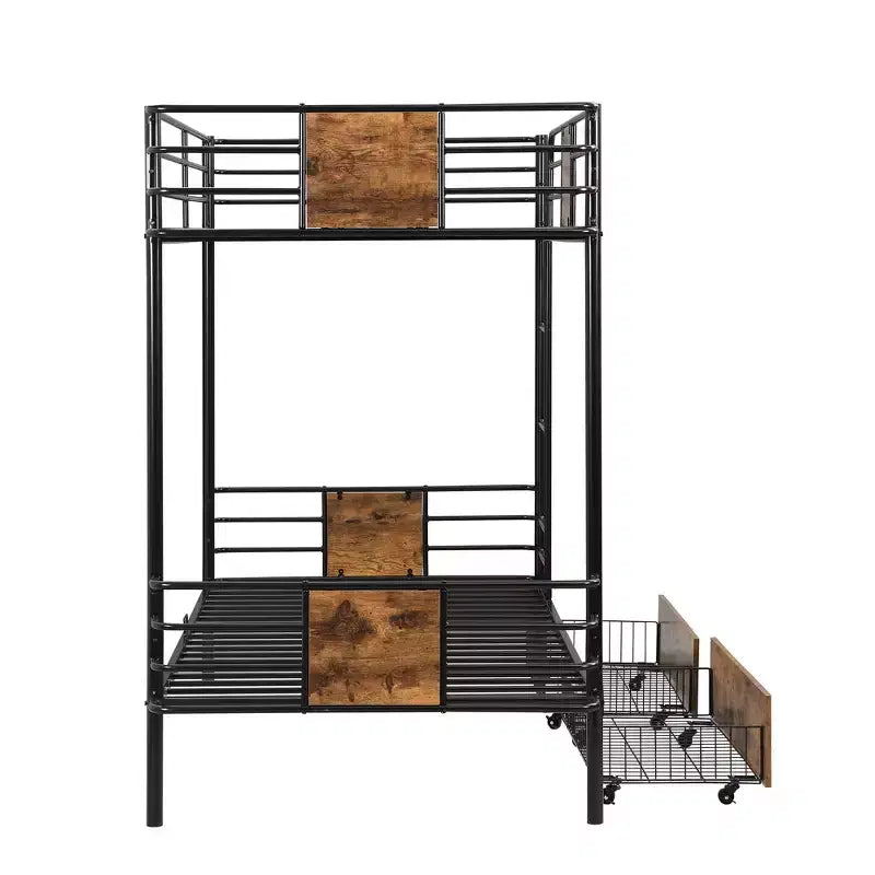 Letto a Castello in Metallo Twin XL su Twin XL con 2 Cassetti Contenitore, Scala e Sponde di Sicurezza, Nero/Argento