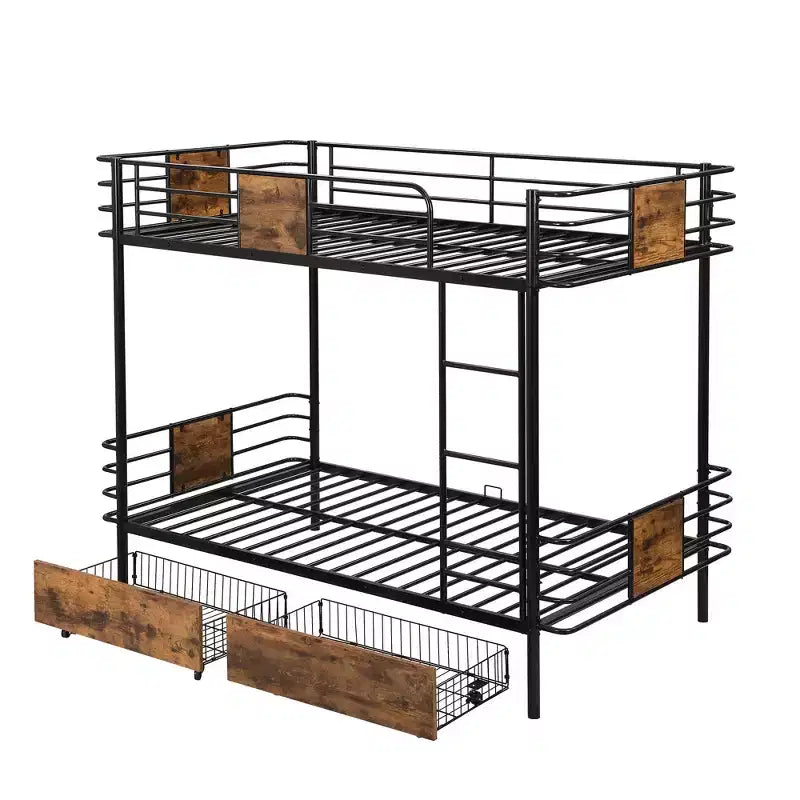 Letto a Castello in Metallo Twin XL su Twin XL con 2 Cassetti Contenitore, Scala e Sponde di Sicurezza, Nero/Argento
