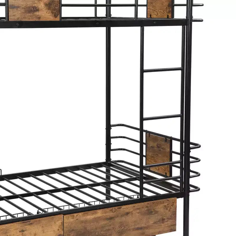 Letto a Castello in Metallo Twin XL su Twin XL con 2 Cassetti Contenitore, Scala e Sponde di Sicurezza, Nero/Argento