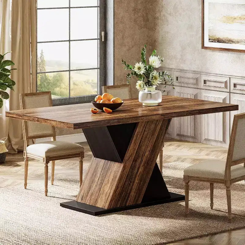 55-Inch Farmhouse Dining Table for 4, Rectangle Rustic Brown Wooden Kitchen Table for Small Spaces