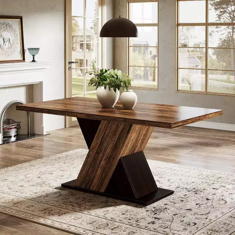 55-Inch Farmhouse Dining Table for 4, Rectangle Rustic Brown Wooden Kitchen Table for Small Spaces