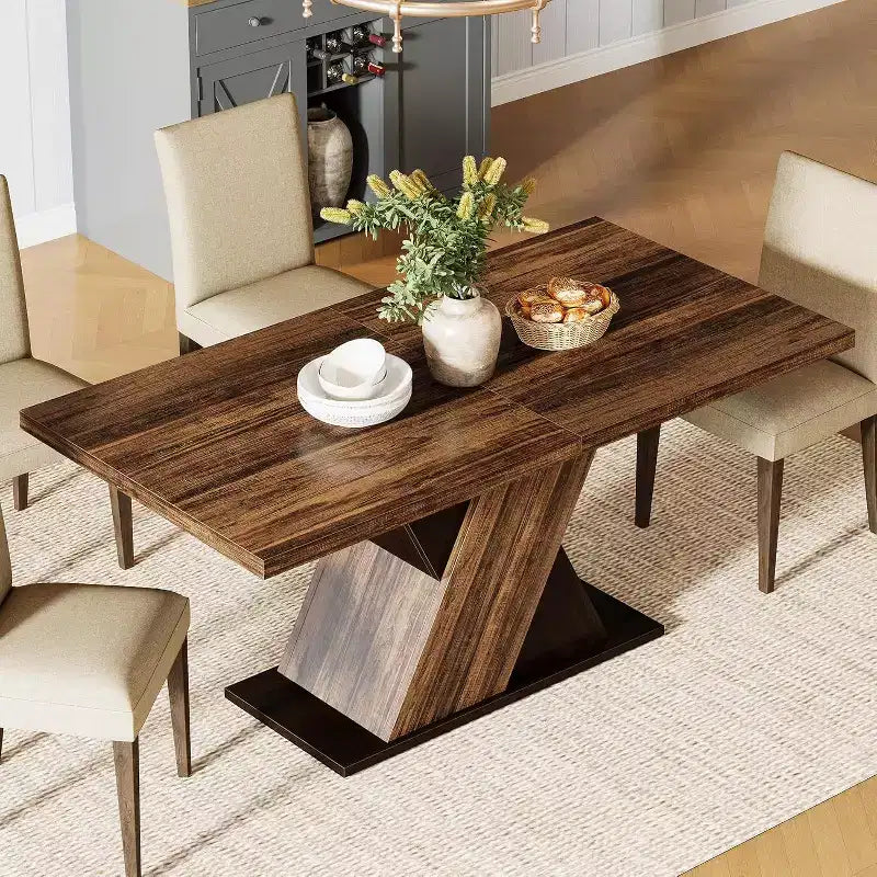 55-Inch Farmhouse Dining Table for 4, Rectangle Rustic Brown Wooden Kitchen Table for Small Spaces