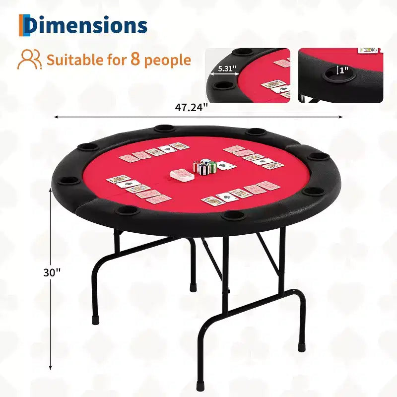 Tavolo da Poker Pieghevole Rotondo da 48 Pollici per 8 Giocatori con Portabicchieri, Superficie in Feltro di Qualità da Casinò per Texas Hold'em e Blackjack, Tavolo da Gioco di Carte Portatile