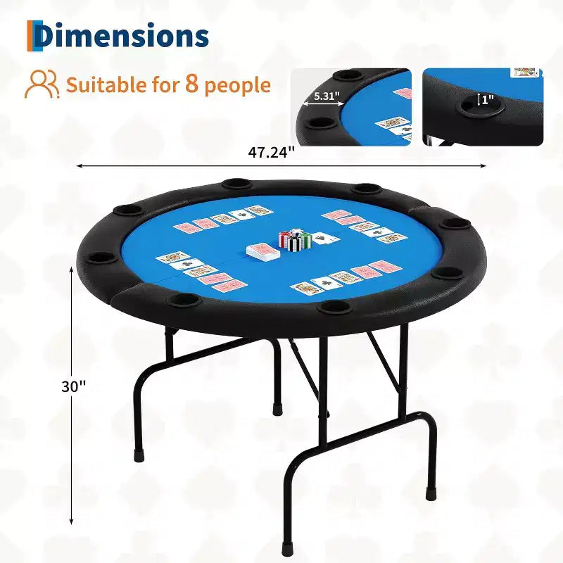 Tavolo da Poker Pieghevole Rotondo da 48 Pollici per 8 Giocatori con Portabicchieri, Superficie in Feltro di Qualità da Casinò per Texas Hold'em e Blackjack, Tavolo da Gioco di Carte Portatile