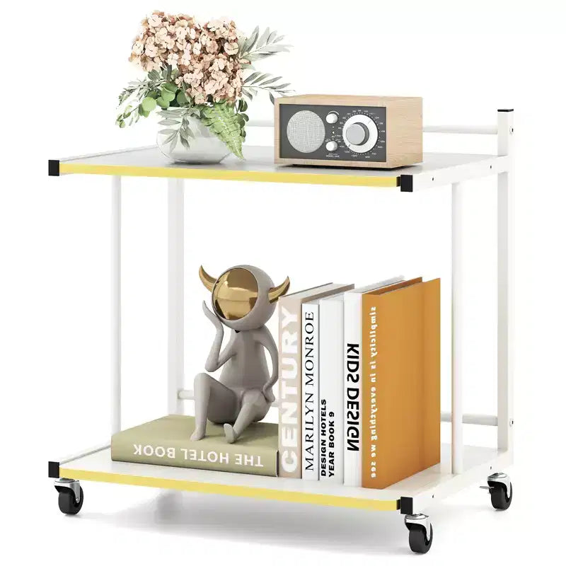 Costway 2-Tier Mobile Side Table w/Open Shelves Golden Trimmed Edges Lockable Wheels