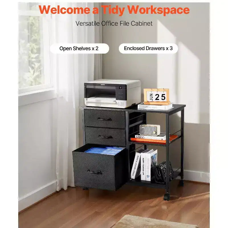 Cassettiera Mobile con 3 Cassetti in Tessuto e Ripiani - Contenitore Archivio su Ruote per Ufficio Domestico
