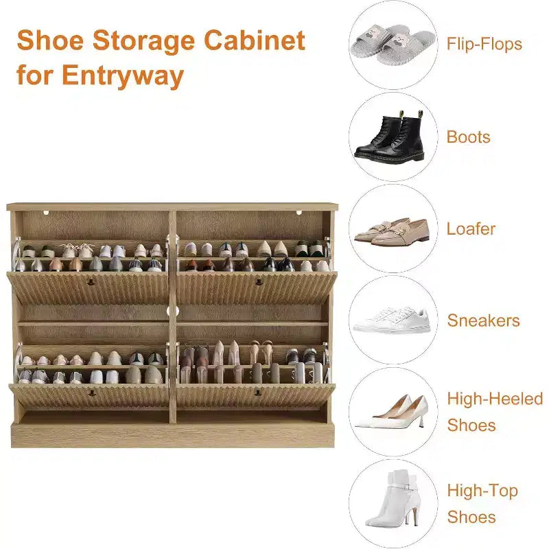 Scarpiera a 4 Ante con Design Scanalato, Ripiani Regolabili e Rimovibili, Mobile Organizzatore Salvaspazio per Scarpe e Piccoli Oggetti